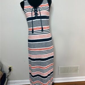 Striped Nautical Maxi Dress Lace-Up Neck | Size M